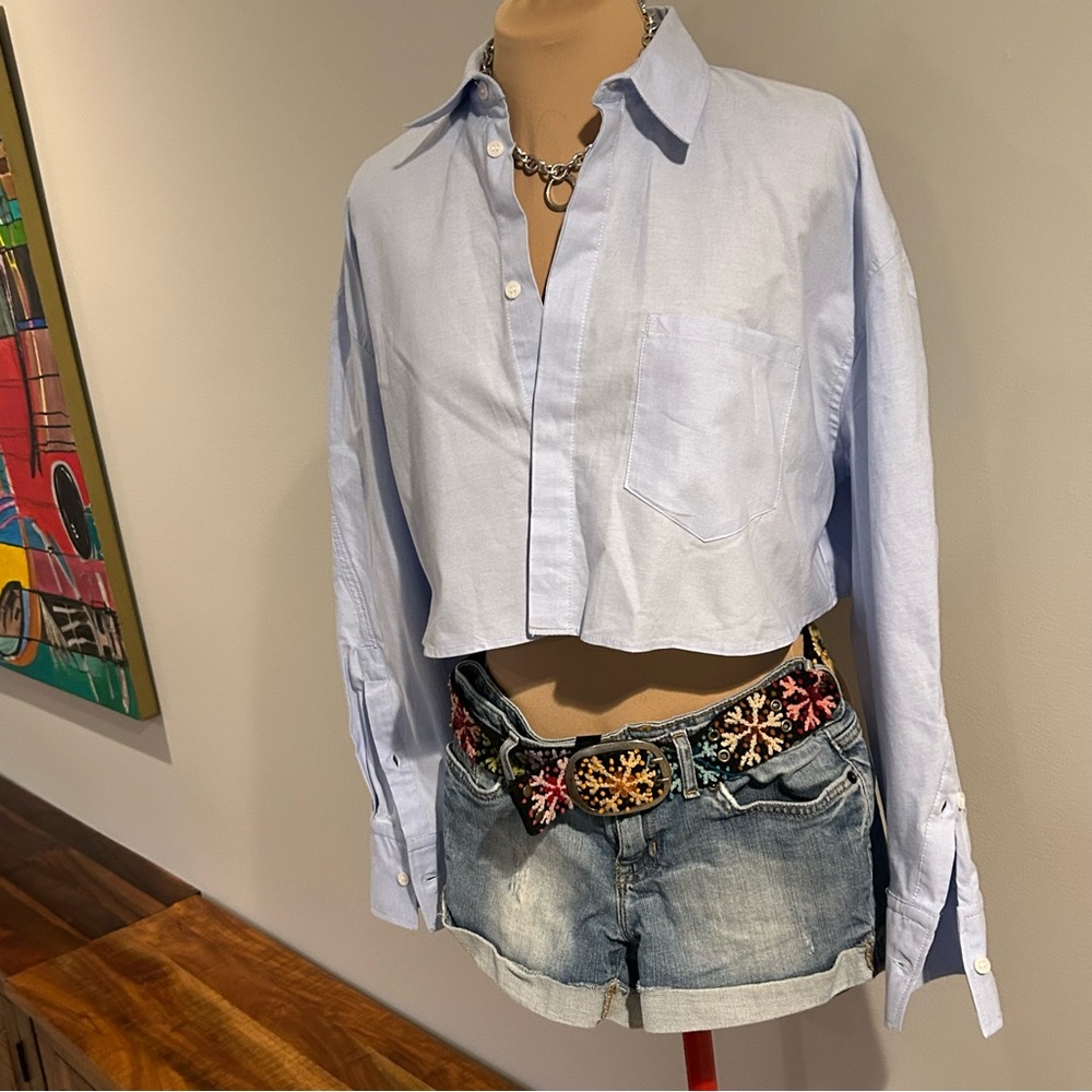 Zara Cropped cotton blouse, blue, ladies Small